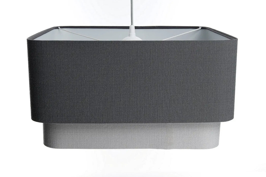 Suspension luminaire kwadro duo en design graphite avec abat-jour en tissu texturé gris foncé et tige blanche fine