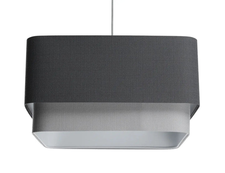 Suspension luminaire kwadro duo en design graphite avec abat-jour rectangulaire gris foncé en tissu texturé et intérieur métallique argenté