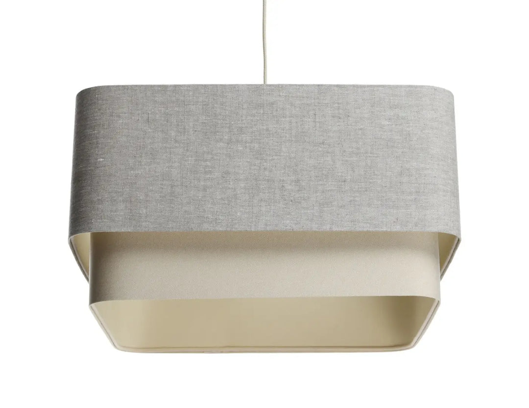 Suspension luminaire kwadro duo gris avec abat-jour rectangulaire en tissu gris texturé et intérieur crème lisse design gris
