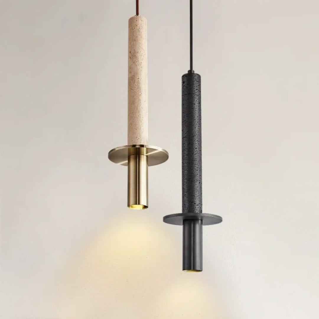 Suspension design moderne avec tige en métal et abat-jour cylindrique

