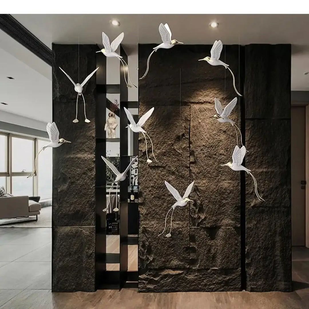 Suspension design oiseaux lumineux blanc et doré moderne