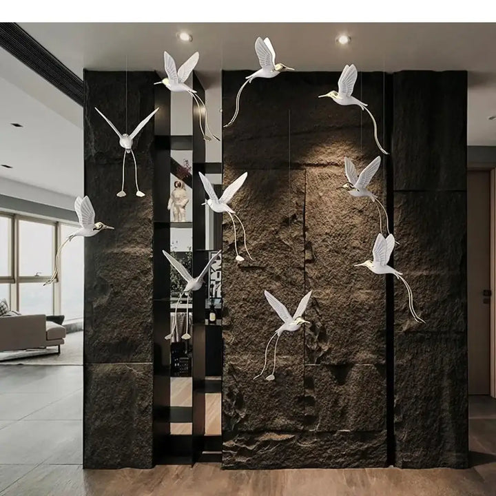 Suspension design oiseaux lumineux blanc et doré moderne