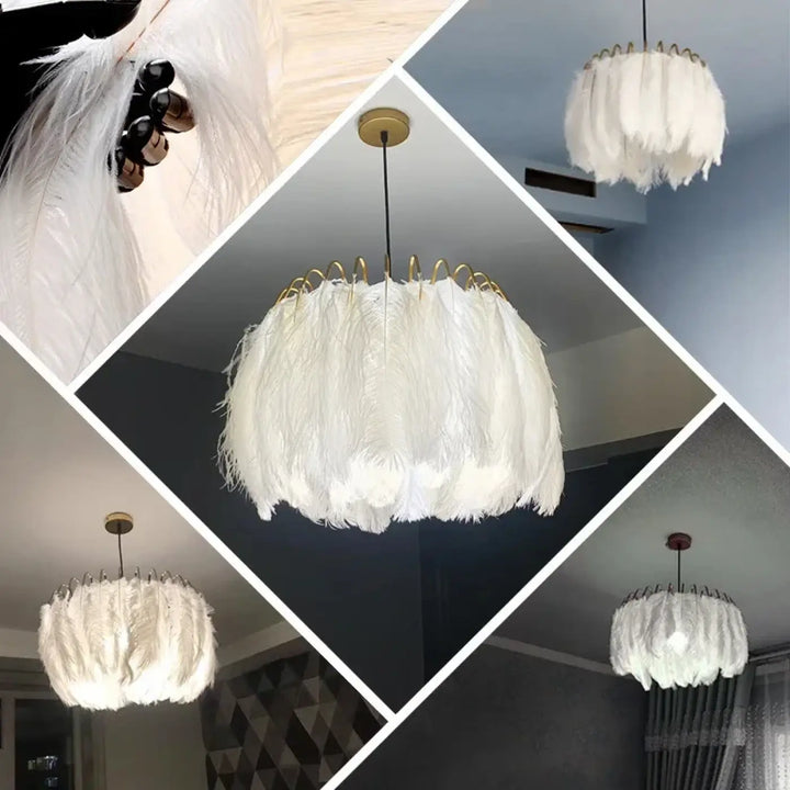 Suspension Design Plumes Blanches Élégante Doré Chic