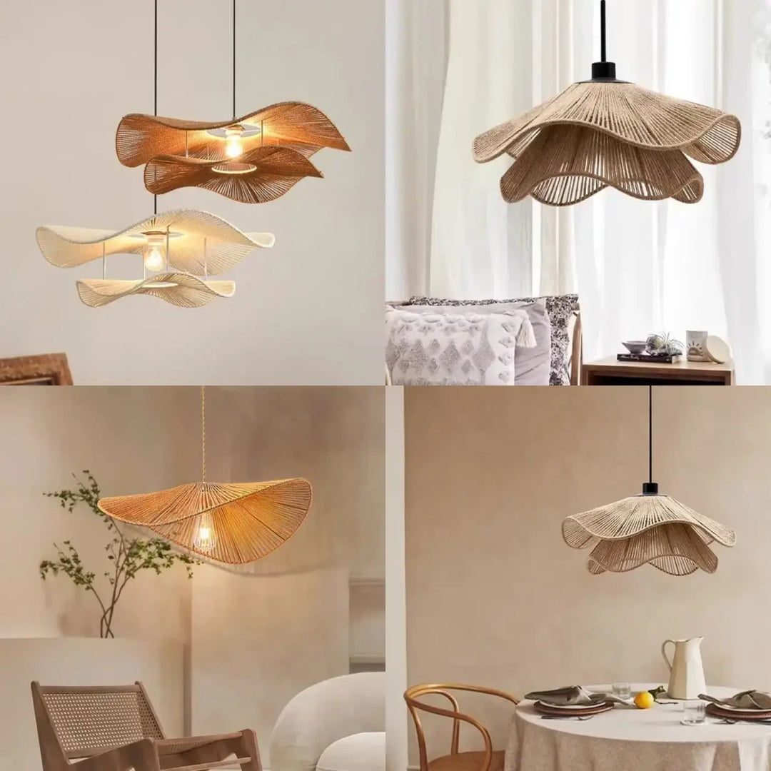 Suspension design rotin ondulé forme fleur bohème naturel