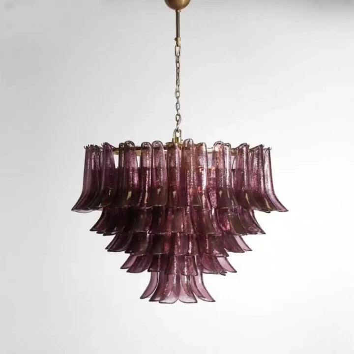 Suspension luminaire vandis effet cascade en verre sculpté violet profond avec chaîne et support finition laiton