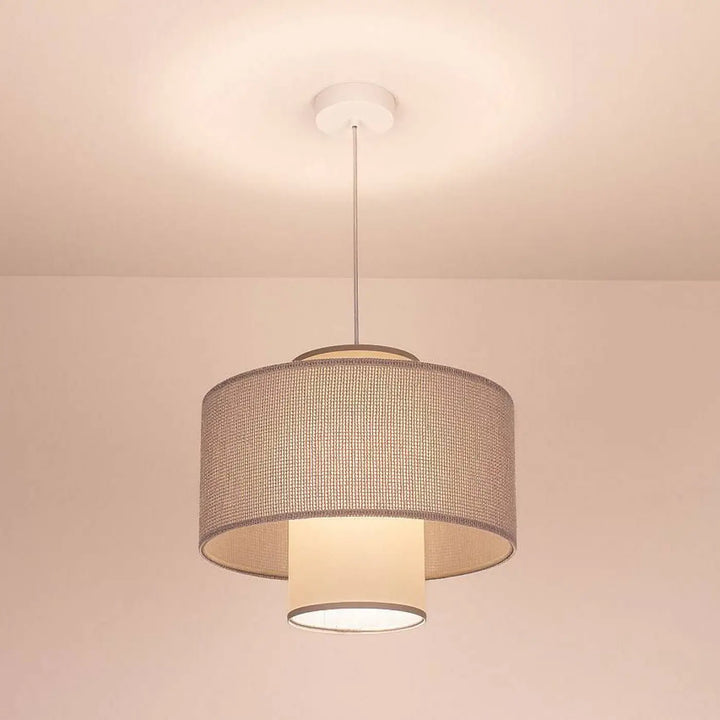 Suspension grise double en tissu tressé beige avec design moderne et fixation plafond blanche pour éclairage intérieur