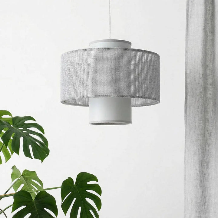 Suspension luminaire twin grise avec abat-jour cylindrique en maille et base solide suspension grise double moderne