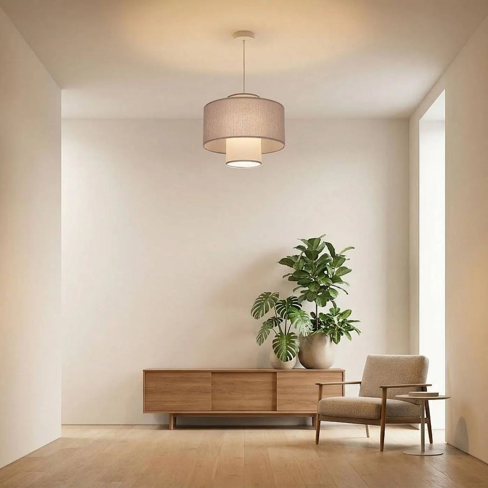 Suspension grise double en tissu beige tissé avec abat-jour cylindrique suspendue au plafond