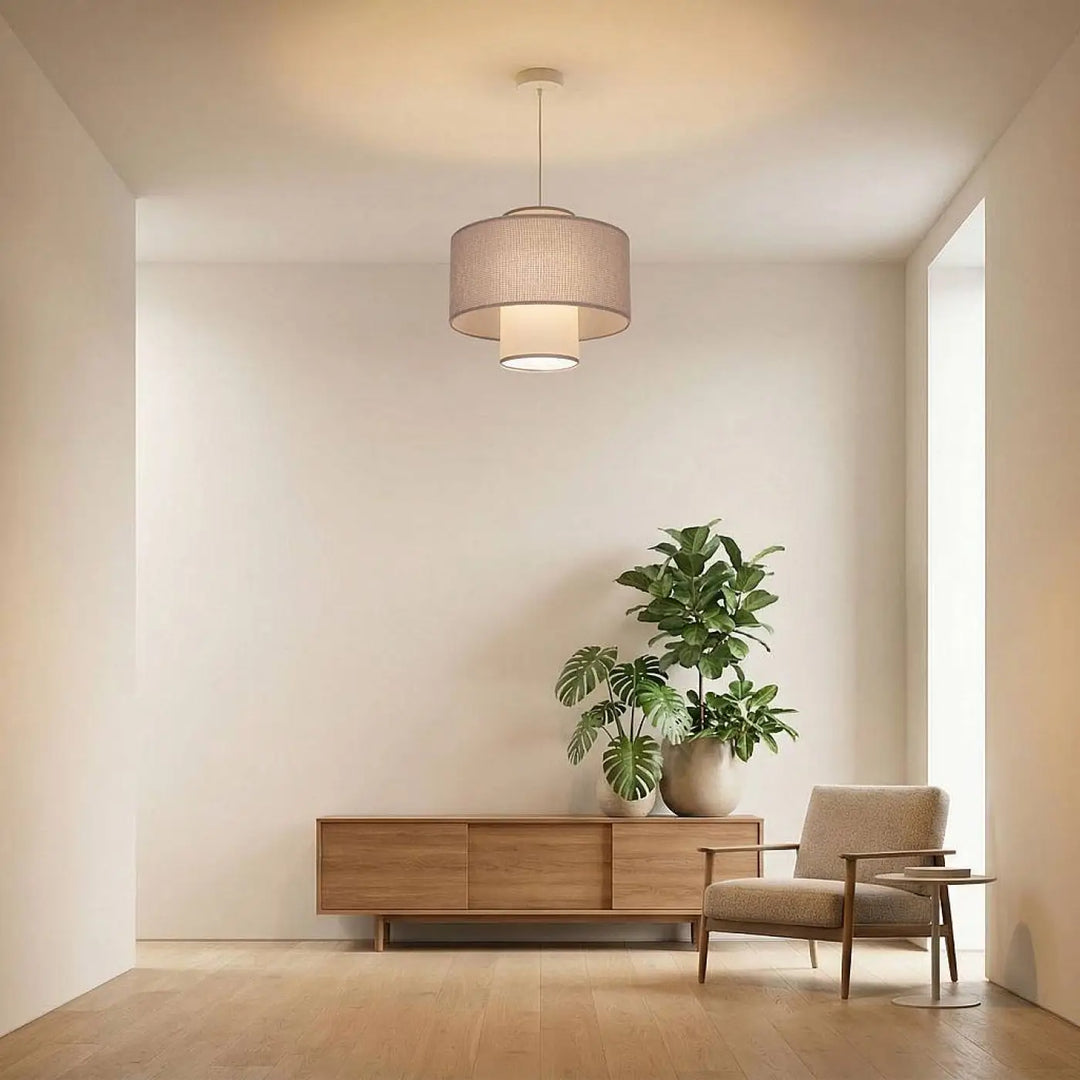 Suspension grise double en tissu beige tissé avec abat-jour cylindrique suspendue au plafond