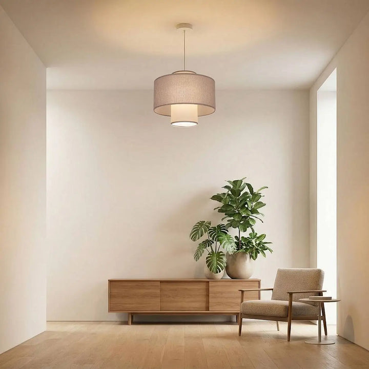Suspension grise double en tissu beige tissé avec abat-jour cylindrique suspendue au plafond