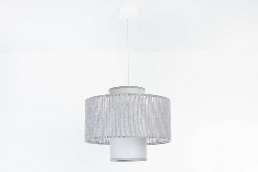Suspension grise double twin en maille blanche avec abat-jour cylindrique et structure métallique élégante