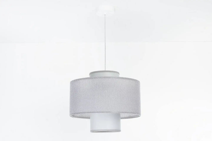 Suspension grise double twin en maille blanche avec abat-jour cylindrique et structure métallique élégante