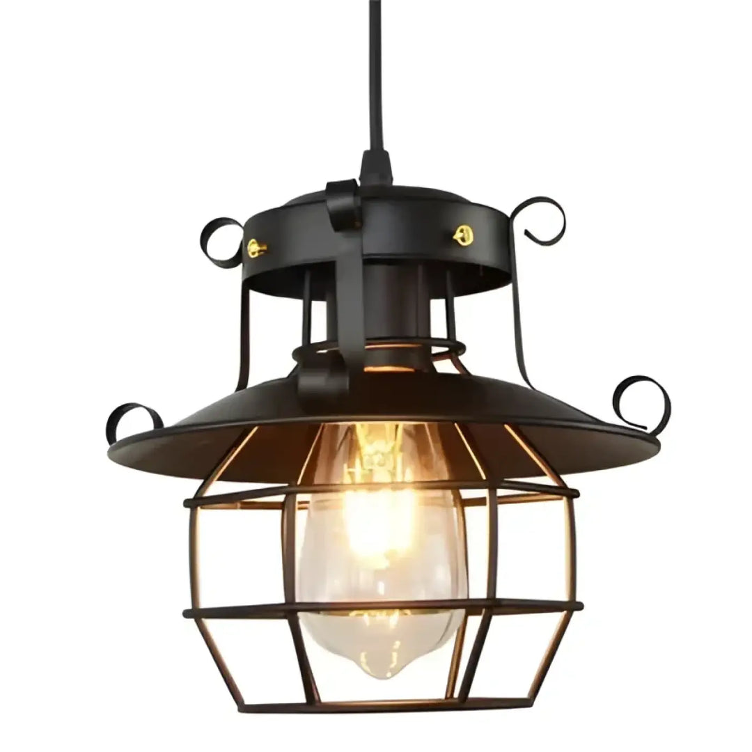 Suspension Industrielle Noire Style Lanterne Métal Et Verre

