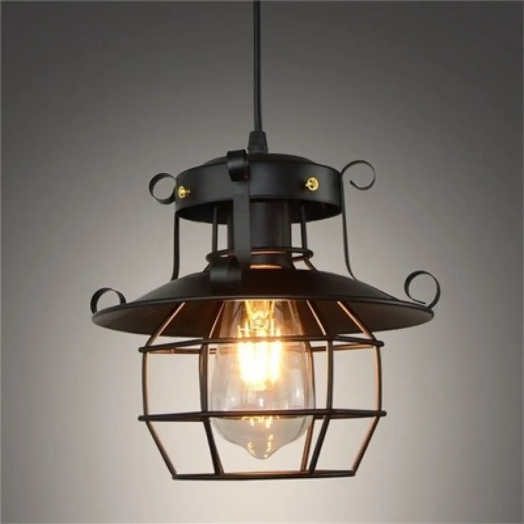 Suspension Industrielle Noire Style Lanterne Métal Et Verre

