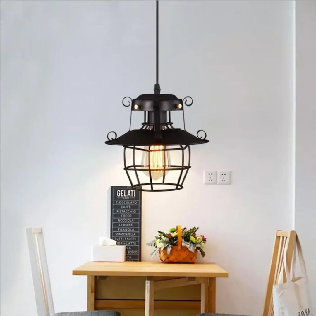 Suspension Industrielle Noire Style Lanterne Métal Et Verre

