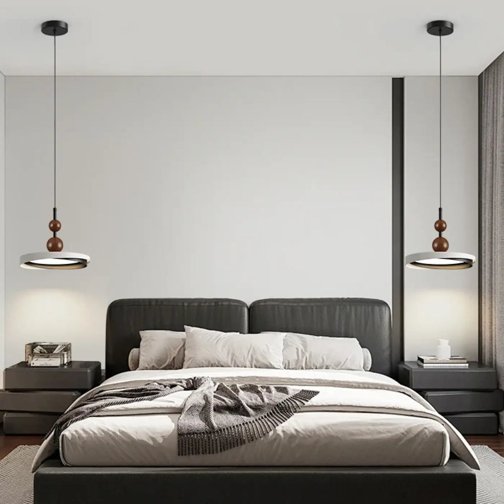 Suspension LED Design Moderne Anneau Rond Noir Et Bois

