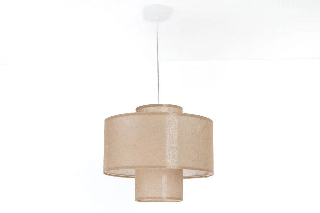 Suspension luminaire twin marron clair avec double abat jour beige en tissu texturé et chaîne métal fine lin double