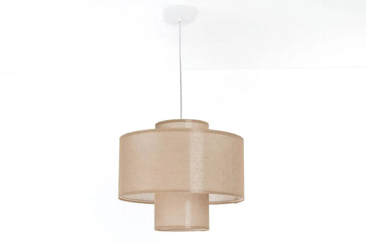 Suspension luminaire twin marron clair avec double abat jour beige en tissu texturé et chaîne métal fine lin double