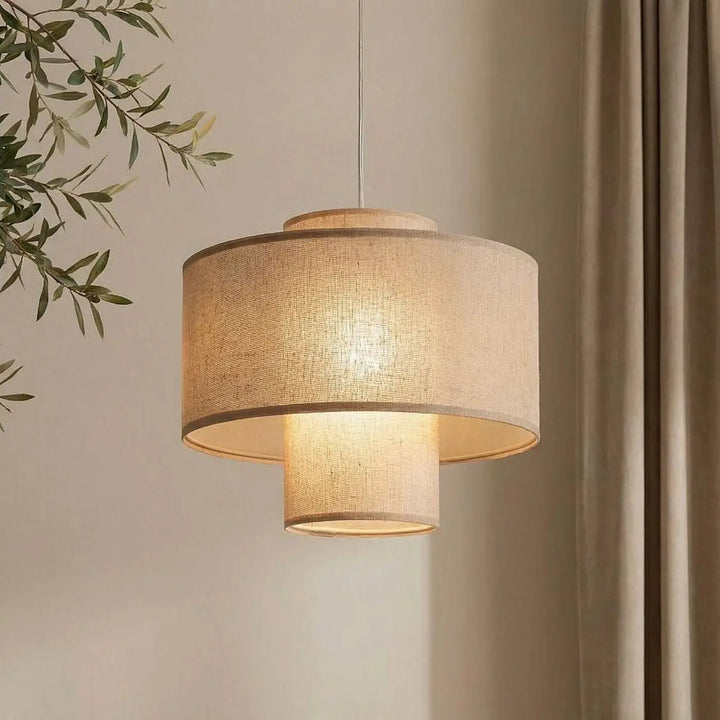Suspension luminaire twin marron clair avec double abat-jour en lin beige à design cylindrique par étages