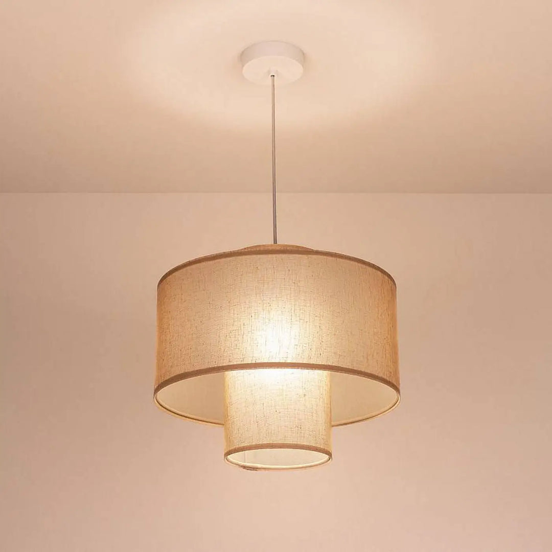 Beige linen suspension luminaire twin with double abat-jour cylindrical design and warm glow in marron clair