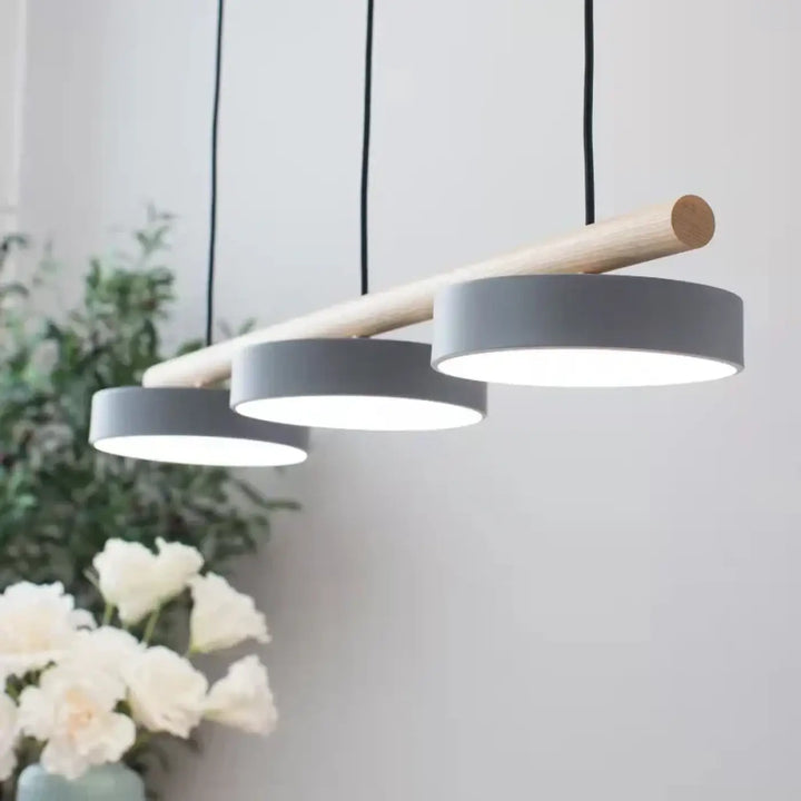 Suspension Linéaire Bois Et Métal À 3 Disques Led Modernes