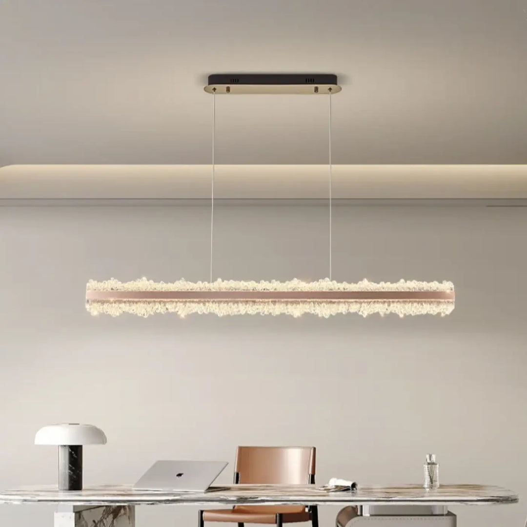 Suspension linéaire design or rose à cristaux lumineux luxe