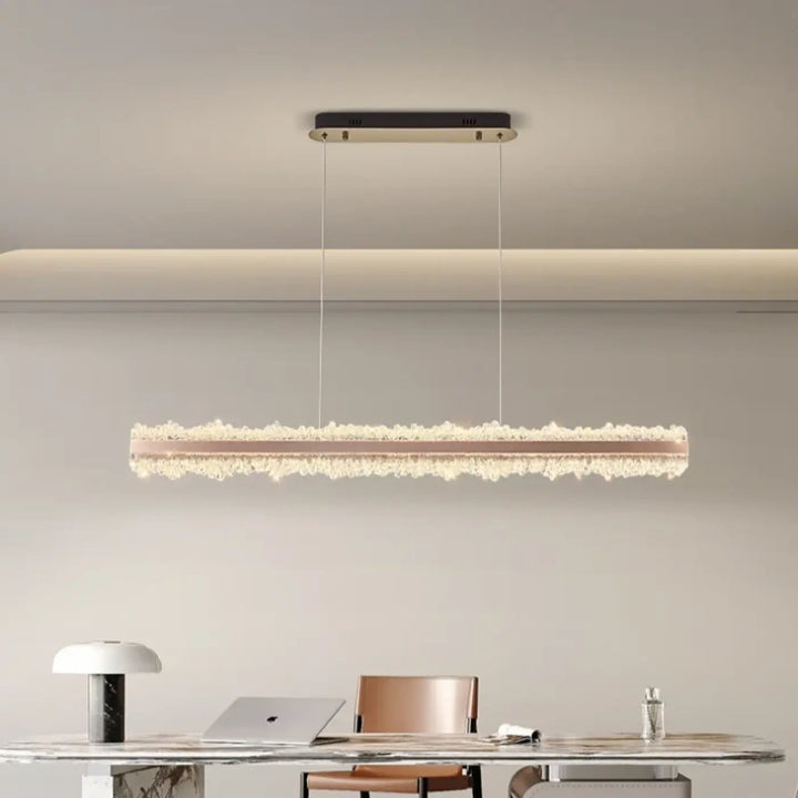 Suspension linéaire design or rose à cristaux lumineux luxe
