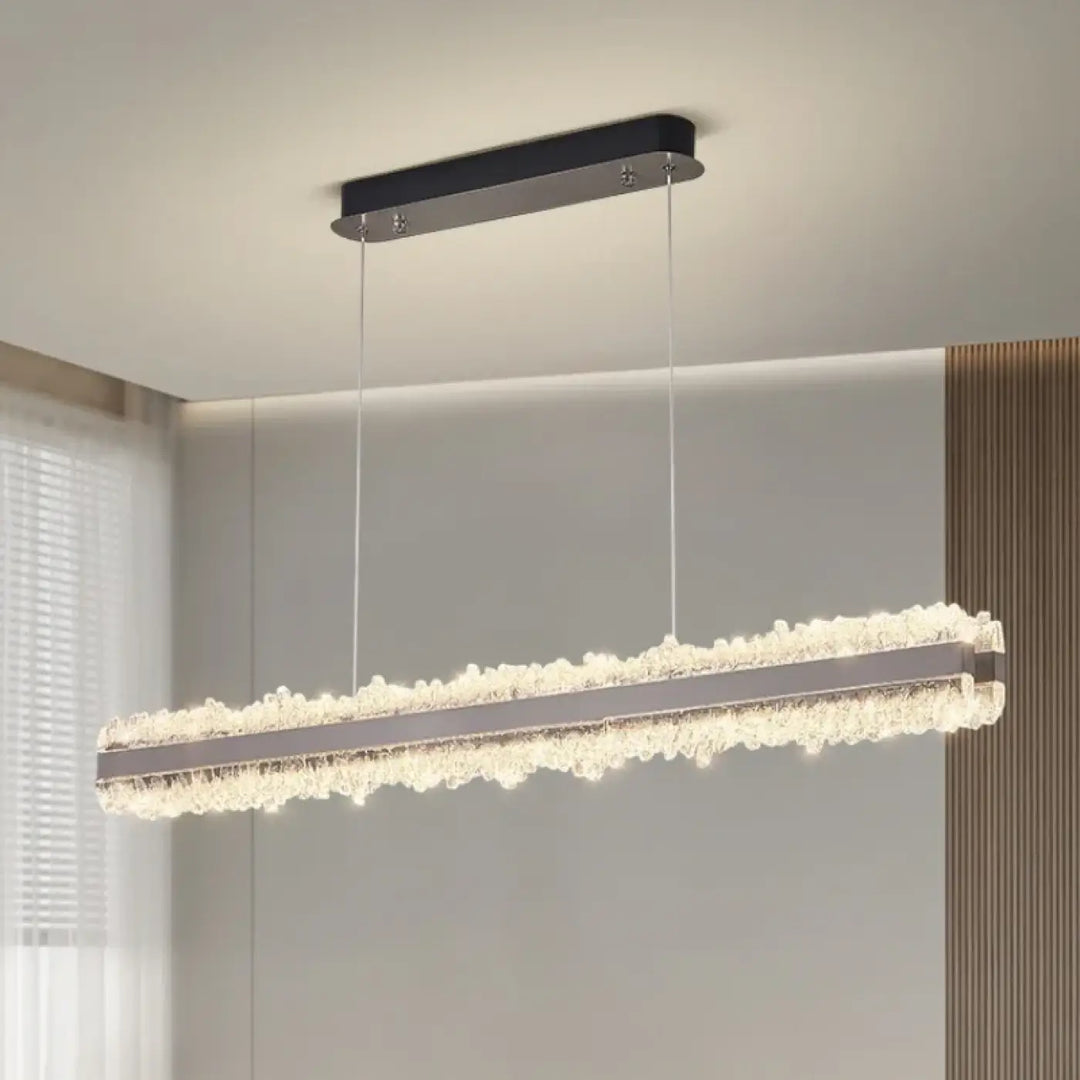 Suspension linéaire design or rose à cristaux lumineux luxe