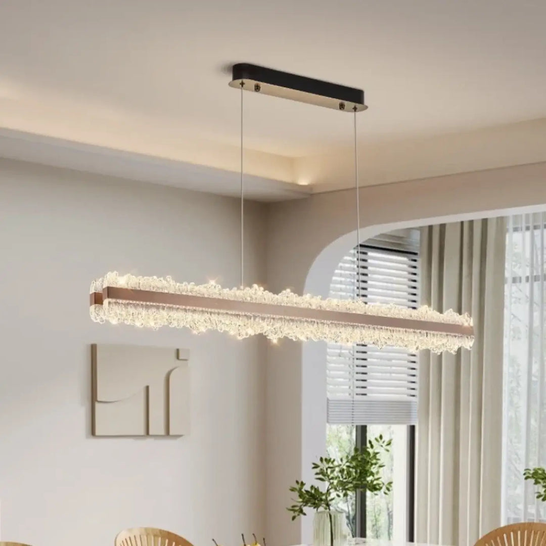 Suspension linéaire design or rose à cristaux lumineux luxe