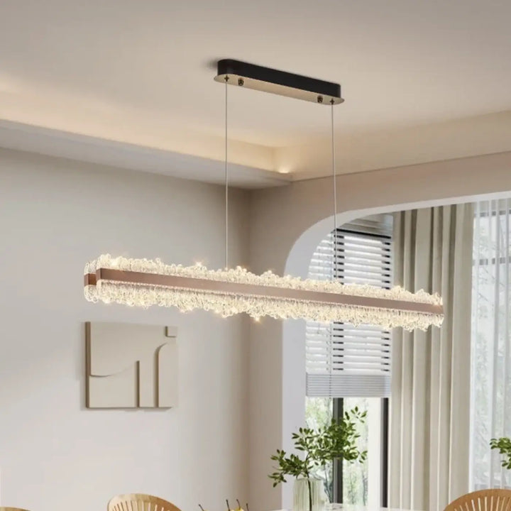 Suspension linéaire design or rose à cristaux lumineux luxe