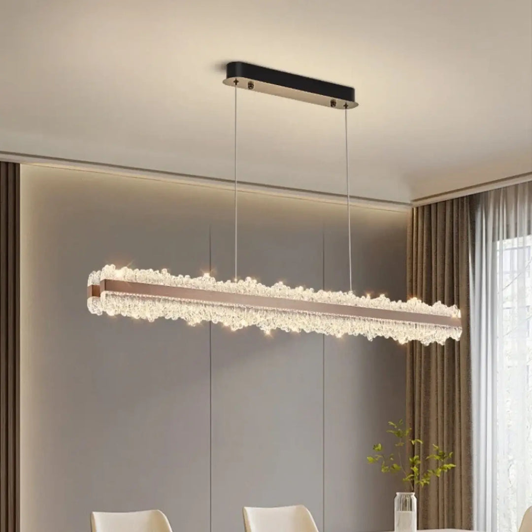 Suspension linéaire design or rose à cristaux lumineux luxe