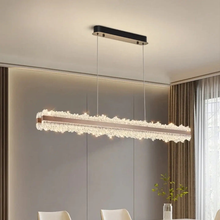 Suspension linéaire design or rose à cristaux lumineux luxe