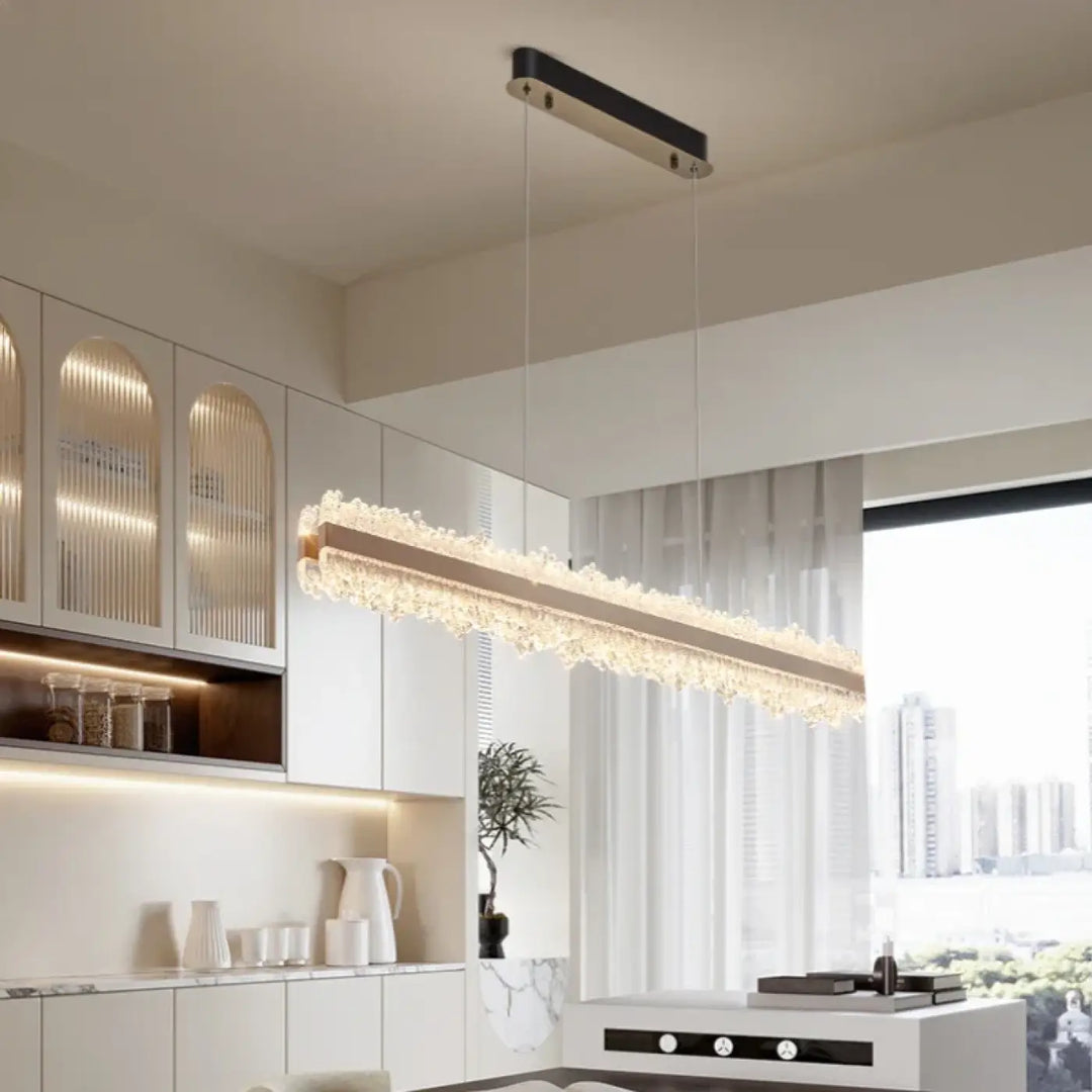 Suspension linéaire design or rose à cristaux lumineux luxe