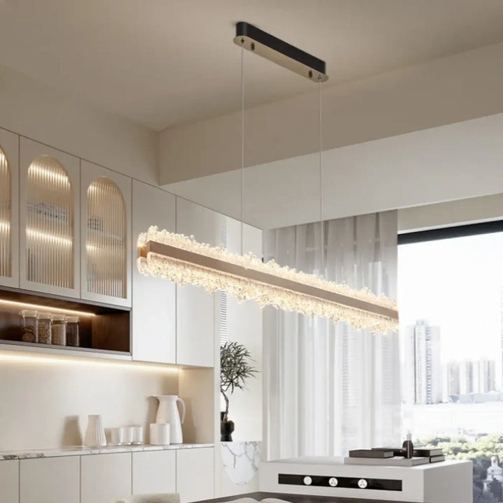 Suspension linéaire design or rose à cristaux lumineux luxe