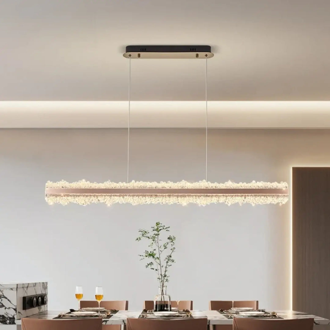 Suspension linéaire design or rose à cristaux lumineux luxe