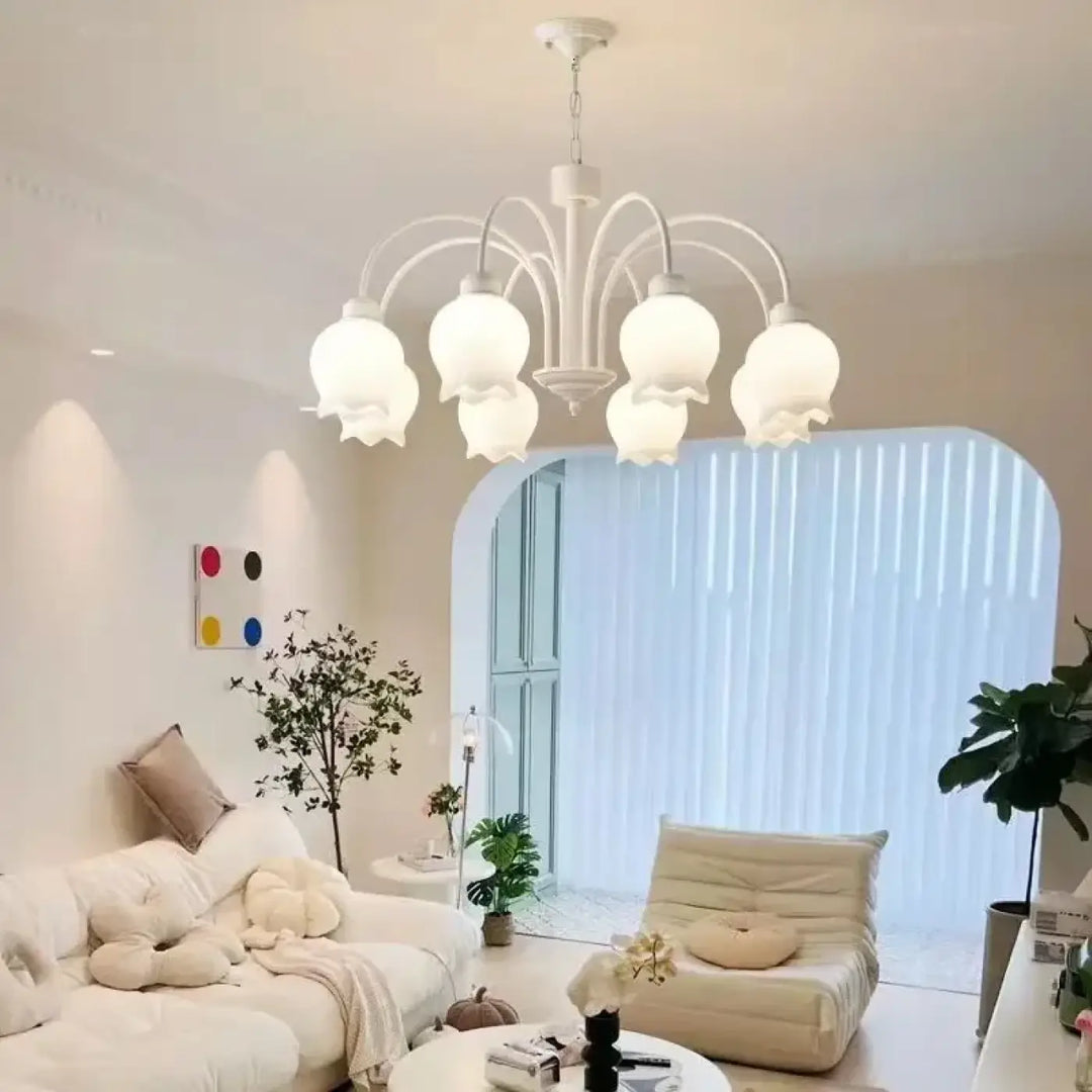 Suspension Luminaire Avec 8 Fleurs En Cloche Blanche Pour Salon
