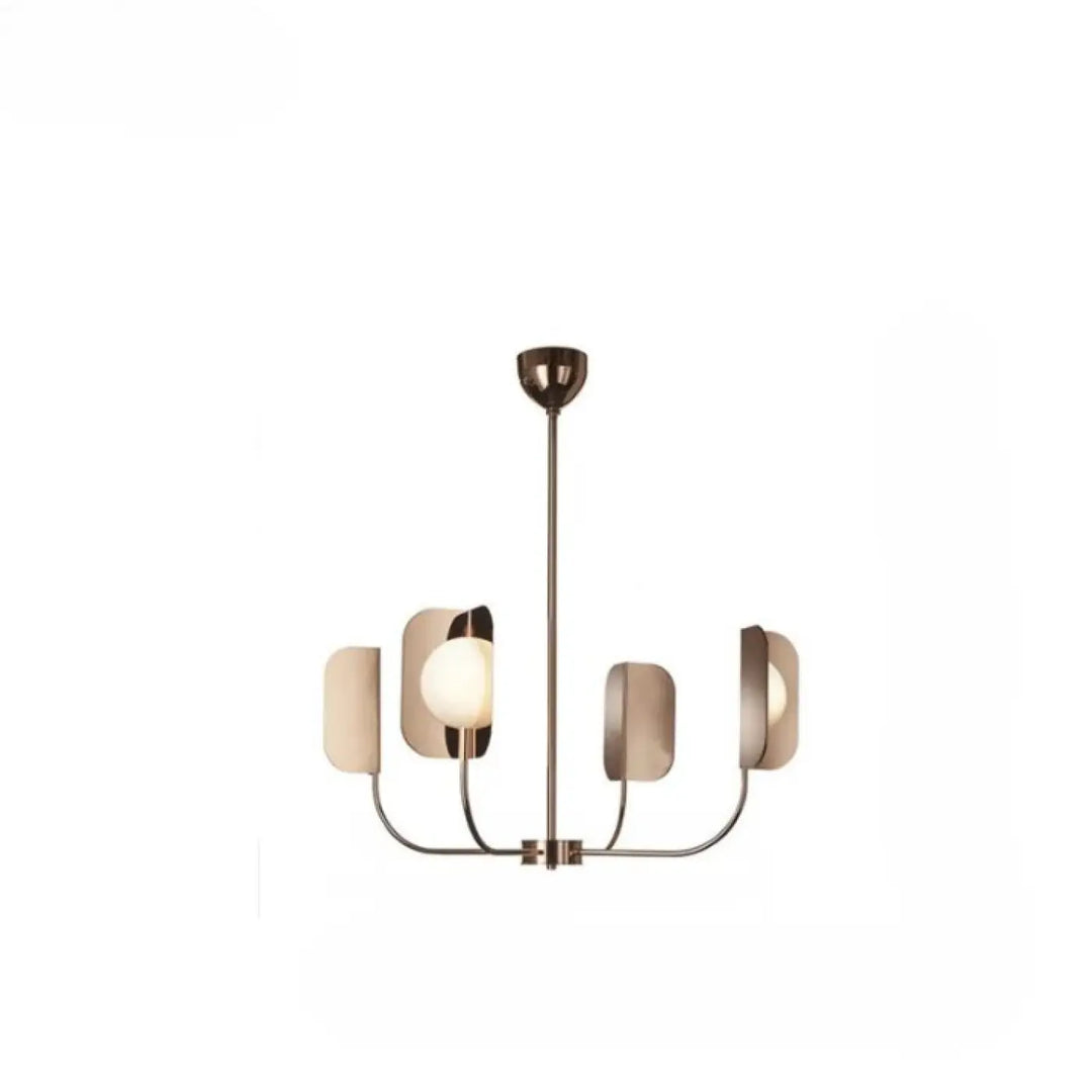 Suspension luminaire copra en métal doré rose avec cinq bras courbés et globes opalins en verre dépoli