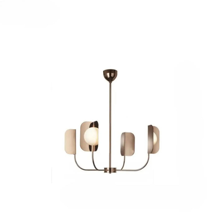 Suspension luminaire copra en métal doré rose avec cinq bras courbés et globes opalins en verre dépoli
