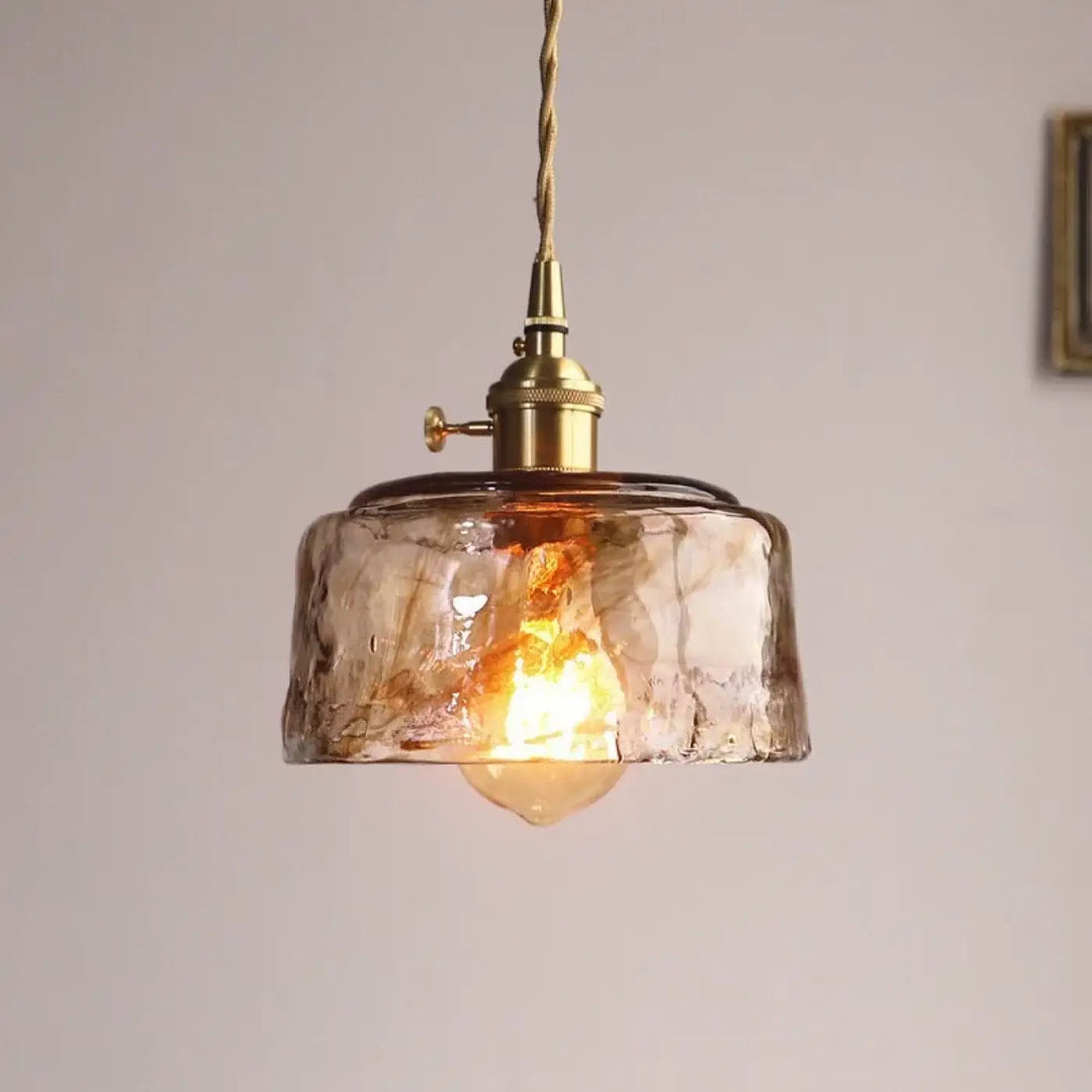 Suspension luminaire art déco verre ambré texturé vintage