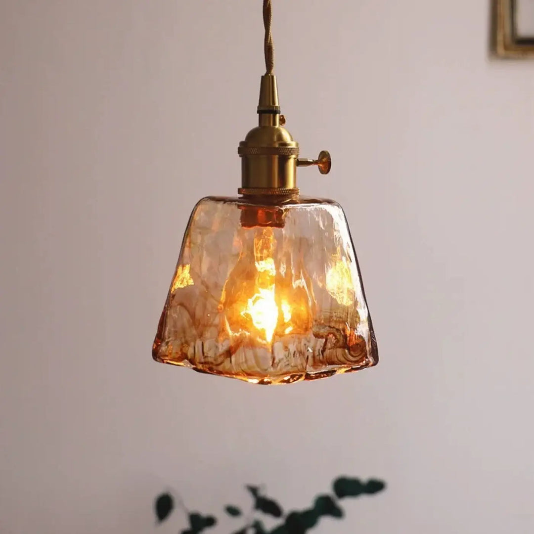 Suspension luminaire art déco verre ambré texturé vintage