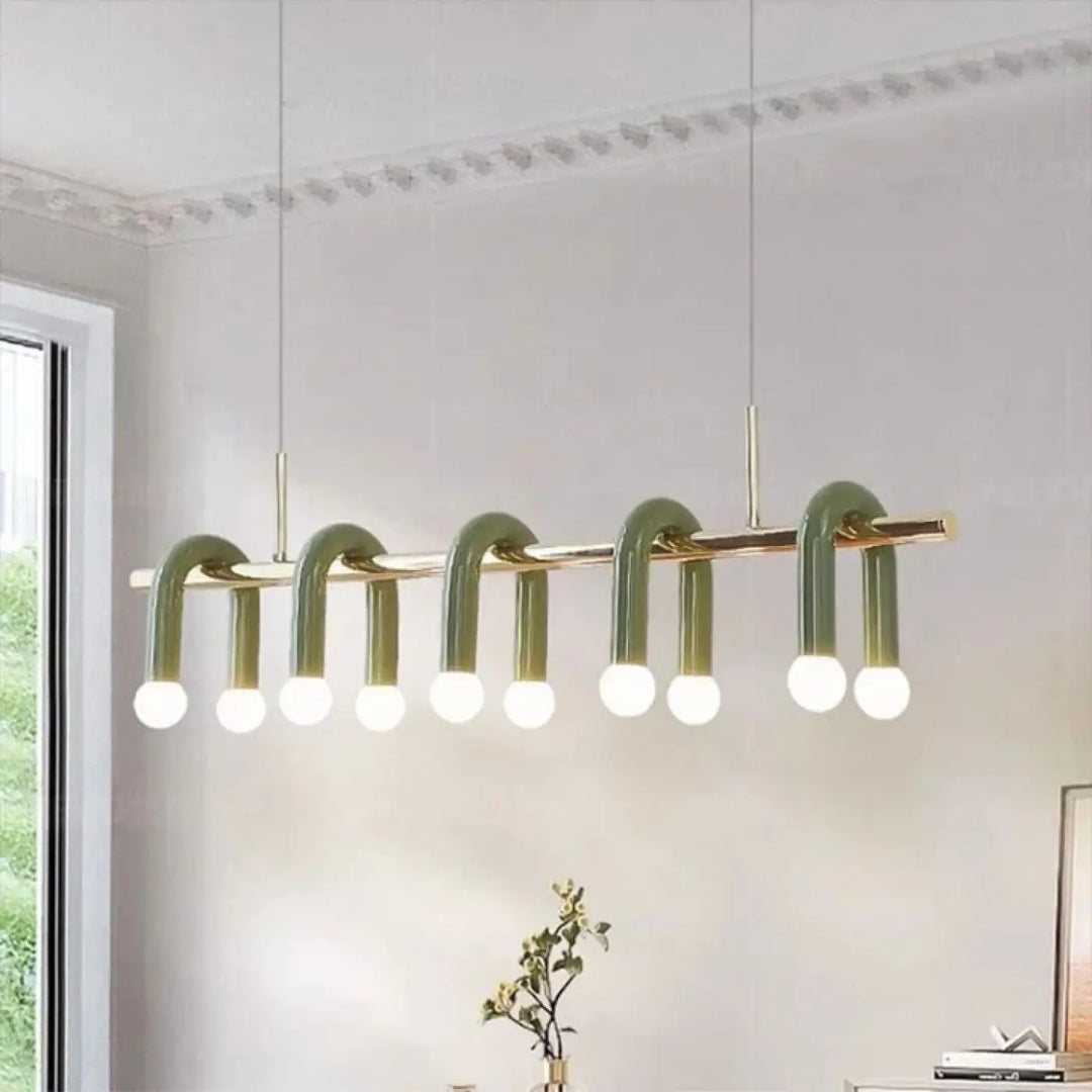 Suspension luminaire archis avec tubes incurvés en verre vert olive et accents en laiton comprenant dix ampoules sphériques