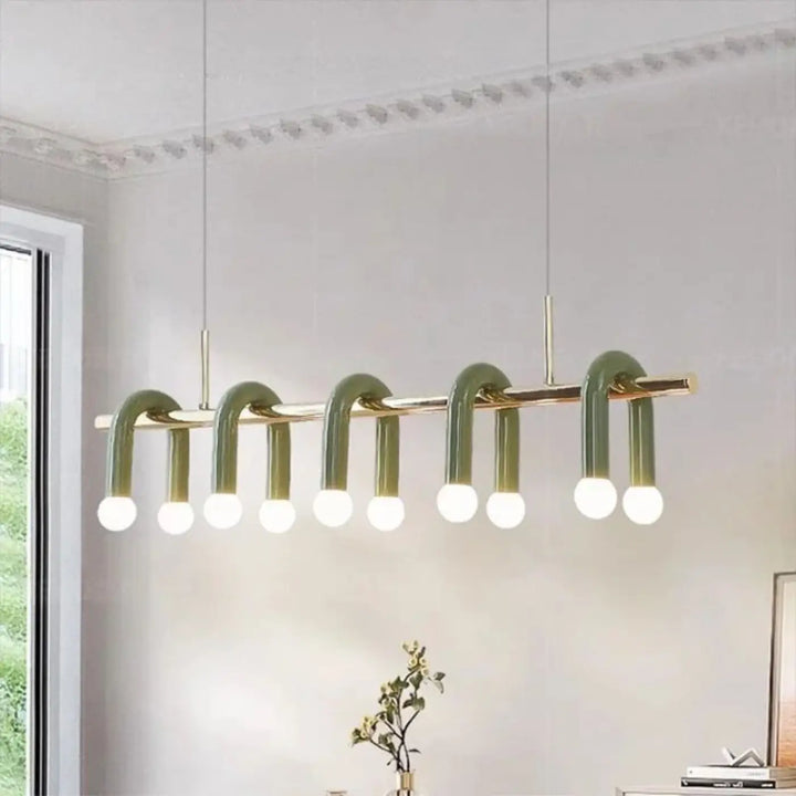 Suspension luminaire archis avec tubes incurvés en verre vert olive et accents en laiton comprenant dix ampoules sphériques