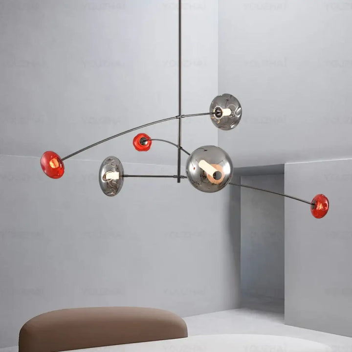 Suspension luminaire artistique métallique et verre coloré chic