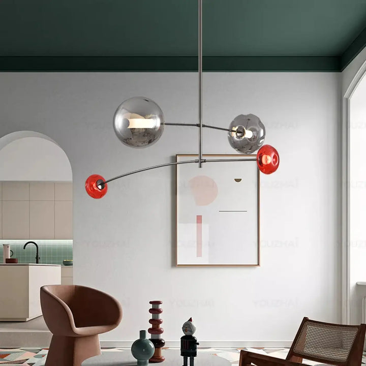 Suspension luminaire artistique métallique et verre coloré chic