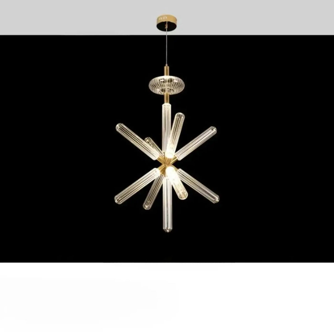 Suspension luminaire striel moderne avec bras en verre cannelé clair et centre en métal doré, suspension luminaire artistique