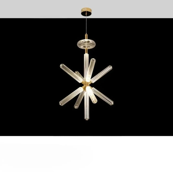 Suspension luminaire striel moderne avec bras en verre cannelé clair et centre en métal doré, suspension luminaire artistique