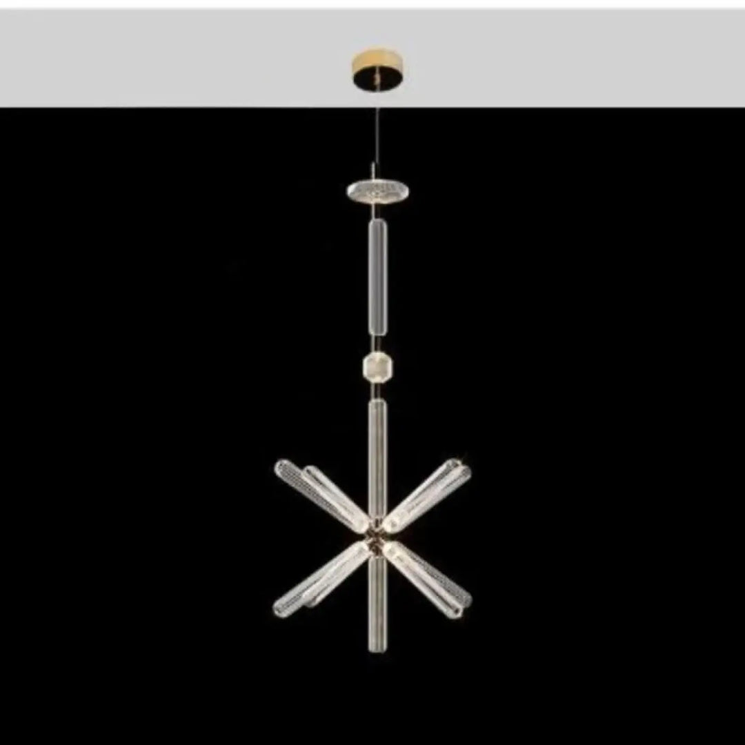 Suspension luminaire artistique en verre cannelé avec bras en verre clair en forme detoile et noyau central doré