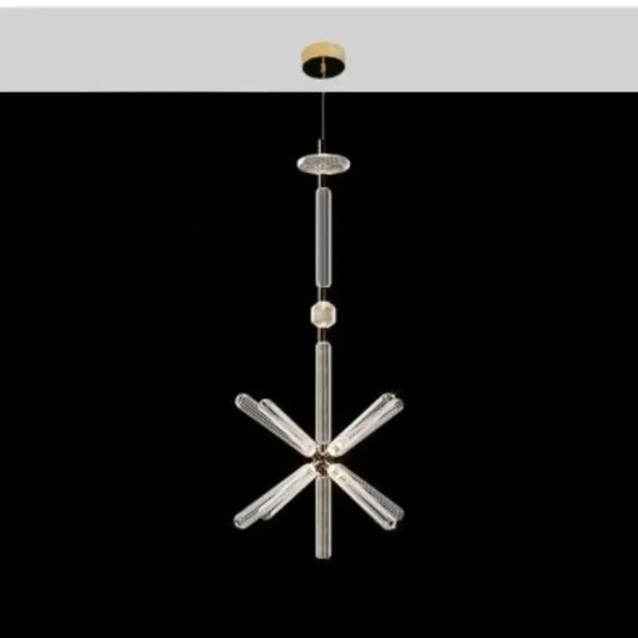 Suspension luminaire artistique en verre cannelé avec bras en verre clair en forme detoile et noyau central doré