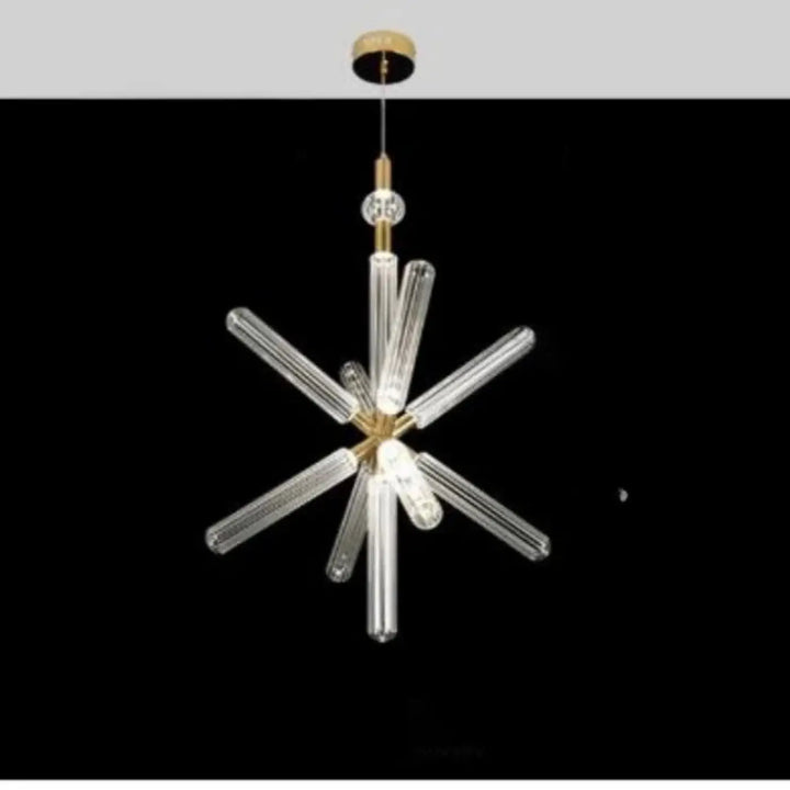 Suspension luminaire artistique striel en verre cannelé avec tubes en verre clair et accents métalliques dorés modernes
