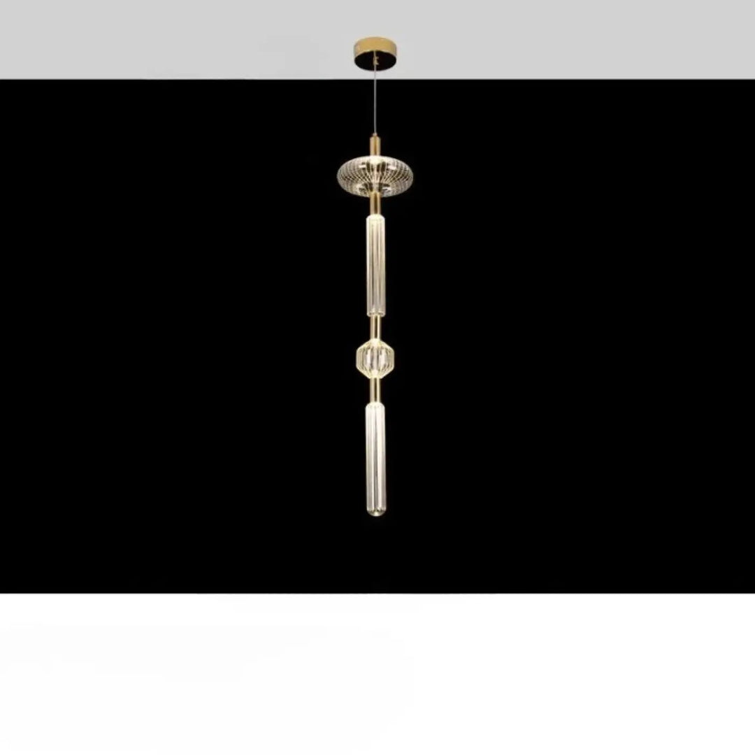 Suspension luminaire striel en métal doré avec verre cannelé et connecteur géométrique, suspension luminaire artistique moderne